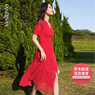 凡琴紅色V領(lǐng)泡泡袖裙子蘑菇扣開衩A字短袖雪紡連衣裙 紅色波點(diǎn) S