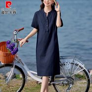 皮爾卡丹（pierre cardin）夏季亞麻連衣裙2025新款今年流行休閑棉麻裙女簡單大方的裙子 藏青色 M 建議100-120斤