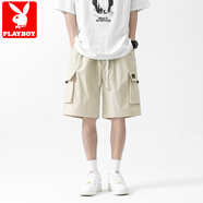 花花公子（PLAYBOY）冰絲短袖t恤男士夏季潮牌痞帥寬松一套搭配休閑套裝男款 卡其色【工裝休閑短褲】 M