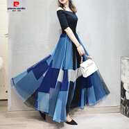 皮爾卡丹（pierre cardin）顯瘦時(shí)尚大擺裙2025新款半身裙氣質(zhì)裙子感黑色顯瘦半身長(zhǎng)裙女 藍(lán)灰錯(cuò)亂大格裙長(zhǎng)75cm S