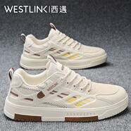 西遇（Westlink）男鞋夏季休閑百搭小白鞋子男士軟底輕便厚底增高板鞋男款鏤空透氣 米色 42