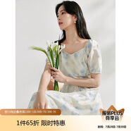 茵曼（INMAN）法式暈染女裝V領(lǐng)吊帶連衣裙2025夏季新品裙子 白底藍(lán)花-短袖 L