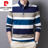 皮爾卡丹（pierre cardin）中年男士純棉條紋長(cháng)袖T恤翻領(lǐng)春秋季休閑爸爸裝刺繡Polo衫體恤 藍色 L 50 （120-140斤）