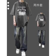 珂梵圖創(chuàng  )衿渠夏季潮流純棉短袖休閑套裝男生T恤高街搭配牛仔褲帥氣兩件 灰色上衣+藍色牛仔褲 M 均碼