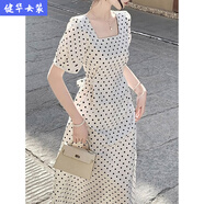 茵侈波點(diǎn)寬松收腰連衣裙法式復古簡(jiǎn)約A字長(cháng)裙薄料透氣新款方領(lǐng)大擺裙 白色 L