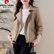 皮爾卡丹（pierre cardin）時尚高端歐洲站上衣女2025春秋季新款皮夾克短款外套皮衣西裝 米色【秋季外套/女士短外套/秋季 3XL 【145-160斤】