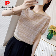 皮爾卡丹（pierre cardin）短袖t恤女條紋冰絲針織衫薄款春裝2025年新款夏季上衣歐貨打底衫 454粉杏色 XL
