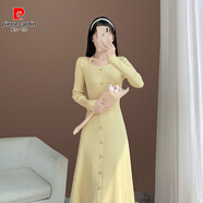 皮爾卡丹（pierre cardin）春秋季新款修身氣質優(yōu)雅溫柔初戀少女顯瘦毛衣裙設計感針織洋裝 淡黃色 XS 現貨