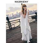 MAXRIENY【范冰冰同款】玉蘭小白裙優(yōu)雅度假風(fēng)雙層印花浪漫連衣裙 米白 S