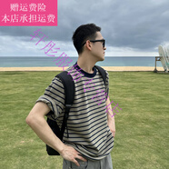 夢(mèng)夢(mèng)奇復古軍綠色條紋圓領(lǐng)短袖T恤男款夏季韓版感寬松休閑半袖上衣服裝 軍綠色 M