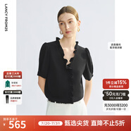 朗姿【Basic衣櫥】法式宮廷風休閑白色燈籠袖襯衫襯衣夏新款上衣 黑色 2XL