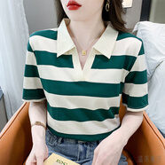溫萊蔓莎帶有領(lǐng)子的t恤女純棉寬松中袖條紋短袖女夏季POLO領(lǐng)翻領(lǐng)半袖體恤 綠色 3302 M 80-94斤
