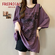 fredrical夏季新款露肩中長款短袖T恤女寬松顯瘦設(shè)計(jì)感時(shí)尚亮閃閃上衣半袖 紫色 M 【建議80-100斤】