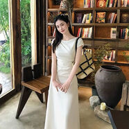 赫本風(fēng)氣質(zhì)簡約收腰褶皺連衣裙女春秋韓系小個(gè)子法式斜肩沙灘長裙 米杏  長裙【有內(nèi)襯】 S 碼 80-95斤