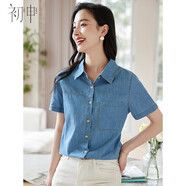 初申夏季短袖牛仔襯衫女設計感小眾復古疊穿法式牛仔襯衣S143C1546