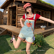 織物豬 夏日甜莓 甜酷風(fēng)牛仔背帶褲女夏愛(ài)心貼布減齡連體闊腿長(cháng)褲 背帶短褲+上衣 XL (115-130)
