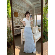 可可里小姐甜美度假正肩T恤衫木耳邊蕾絲蛋糕魚(yú)尾半身裙2025夏季新款套裝女 藍色半裙 S