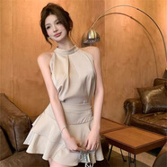 素織錦【清倉】掛脖連衣裙女純欲辣妹性感套裝裙子短裙蓬蓬裙半身裙兩件 無(wú)袖掛脖上衣+蛋糕裙【卡其色】 M