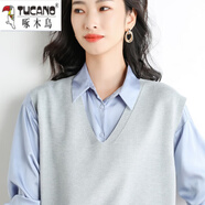 啄木鳥毛衣馬甲女V領(lǐng)寬松外穿2025春秋新款無袖打底坎肩顯瘦背心針織衫 灰色 XL