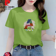 皮爾卡丹白色短袖t恤女圓領(lǐng)夏季2025新款時(shí)尚休閑印花寬松T恤 果綠色短袖：編織A S 80-95斤