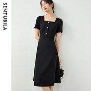 尚都比拉短袖連衣裙女夏季赫本風通勤裙子中長A字裙 雅黑色122L40507X  S