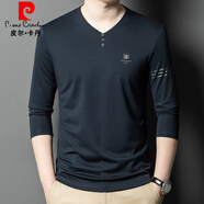 皮爾卡丹（pierre cardin）低領(lǐng)冰絲長袖t恤男寬松感商務(wù)免燙帶扣子V領(lǐng)爸爸春秋裝上衣薄 深蘭色 2XL 180