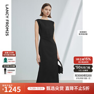 朗姿法式一字肩收腰抽褶設計感氣質長裙夏裝新款女禮服連衣裙 黑色 2XL