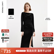 朗姿氣質(zhì)設(shè)計(jì)感一字領(lǐng)絲絨小黑裙冬春季新款高級(jí)感法式連衣裙 黑色 L