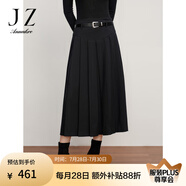 玖姿·安娜蔻通勤皮質(zhì)腰帶輕熟風(fēng)壓褶百褶半身裙女冬款 素黑 M
