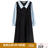 獨束大碼女裝假兩件撞色襯衫領(lǐng)連衣裙女秋冬微胖mm文藝復(fù)古穿搭裙子 墨染黑【適合160左右】 4XL