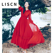 LISCN連衣裙女夏茶卡鹽湖旅拍長裙仙女紅色雪紡連帽度假沙灘裙大擺長裙 紅色加長款 建議身高160以上穿 XL 120-135斤