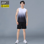 吉普（JEEP）運動套裝男夏季冰絲跑步背心速干衣健身籃球羽毛球中考體育訓(xùn)練服 黑灰套裝【速干透氣】 3XL