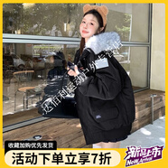 山頭林村羽絨棉服女冬季2025美式工裝派克服加厚棉襖韓版寬松棉衣外套 黑色 S 105斤以下