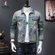 啄木鳥（TUCANO）復古懷舊破洞牛仔外套男韓版修身潮流帥氣短款夾克男士春秋季上衣 藍色 CP#F035高質(zhì)量 XL 偏大