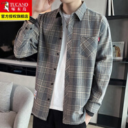 啄木鳥格子襯衫男士裝春秋季款外套休閑長袖襯衣外穿衣服 2108灰色 2XL