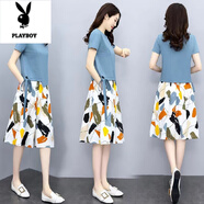 花花公子（PLAYBOY）雪紡連衣裙女兩件套2025夏季新款短袖T恤顯瘦遮肉洋氣時(shí)尚套裝裙 藍色兩件套 3XL 【建議140-160】