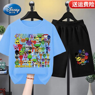 迪士尼（Disney）童裝節(jié)奏盒子上衣服男童新款夏季兒童短袖套裝夏季卡通T恤半袖 E114淺藍+黑短褲 120 碼（身高100-110cm）