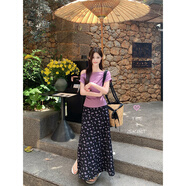 EPET紫色短袖T恤氣質(zhì)露肩上衣女2025夏季新甜美碎花裙半身裙溫柔套裝 紫色上衣+印花半身裙 S 80-95斤