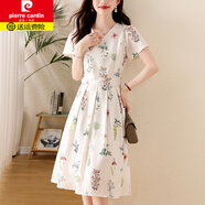 皮爾卡丹（pierre cardin）2025年v領(lǐng)短袖雪紡連衣裙女夏季氣質(zhì)收腰連身裙絕美a字碎花裙子 花色 2XL 【建議體重  120-135斤】