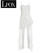 LPOX裙子女夏季2025新款法式超仙純欲荷葉邊吊帶連衣裙女小眾修身顯瘦 白色 L