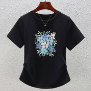 修嫻（soossn）白色圓領(lǐng)T恤衫女短袖棉上衣重工刺繡花復(fù)古顯瘦設(shè) 黑色 3XL