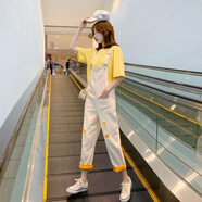 姿偉祺夏季韓版牛仔背帶褲女寬松闊腿九分直筒兩件套 黃色套裝 S -建議80-95斤