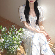 GABALMANIA古早韓味青花瓷碎花收腰連衣長(zhǎng)裙女2025夏 青花瓷 L
