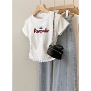 雪瀾迪美式灰色正肩蕾絲短袖t恤女2025夏季新款設計感褶皺常規款收腰上 白色-pe紅字母 L