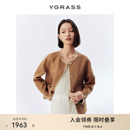 VGRASS維格娜絲新中式高級雅丹風24年冬新款白色撞邊咖色短大衣女 堅果殼棕色 S