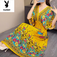 花花公子（PLAYBOY）波西米亞棉綢碎花連衣裙長(cháng)款前后V領(lǐng)沙灘裙氣質(zhì)泰國度假長(cháng)裙旅游 花花黃 2XL