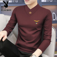 花花公子（PLAYBOY）莫代爾新款長(cháng)袖T恤男v領(lǐng)秋冬打底衫加絨加厚高端內搭保暖上衣男潮 酒紅【常規】 薄款 M 【100-115斤】