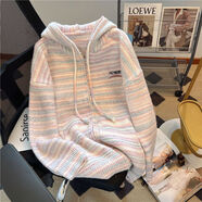 慕伊銘（MUYIMING）美式復古彩虹條紋針織連帽長(cháng)袖女春秋秋冬季新款開(kāi)衫帽衫毛衣外套 粉色 S (80-90)斤