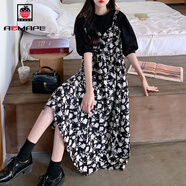 AEMAPE溫柔風(fēng)假兩件背帶連衣裙2026年寬松藏肉雪紡碎花長(cháng)裙子女夏天【6 黑色 5XL 185-200