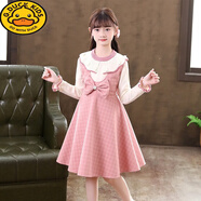 G.duck女童秋冬連衣裙套裝中大童小女孩毛呢背心裙毛衣公主裙2023新款群 粉色背心裙毛衣小熊 150 適合身高140厘米左右